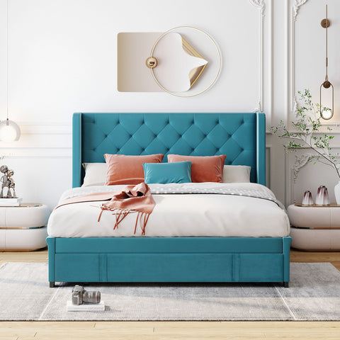 Storage Bed Velvet Upholstered Platform Bed With Wingback Headboard And A Big Drawer