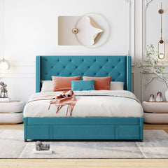 Storage Bed Velvet Upholstered Platform Bed With Wingback Headboard And A Big Drawer