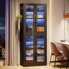 Bookcase With Doors And LED Lighting, 8 Adjustable Shelves Storage Cabinet