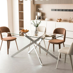 Rectangular Clear Tempered Glass Dining Table, Stylish Design With Metal Legs