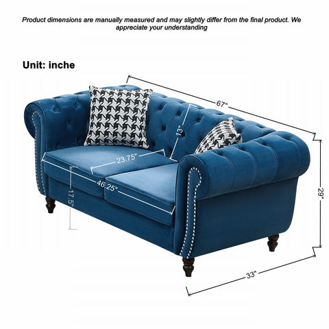 Chesterfield Velvet Fabric Sofa With Roll Armrest And Nailhead, Mid Century 2 Seater Couch In Blue