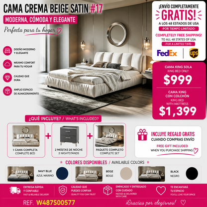 CAMA CREMA BEIGE #17 SOLO EN KING SIZE-King Size Upholstered Bed Frame, Modern Minimalist Style with Segmented Plump Compressed Sponge Headboard, Shiny velvet & Sturdy Leg Support, Mattress Not Included-Beige