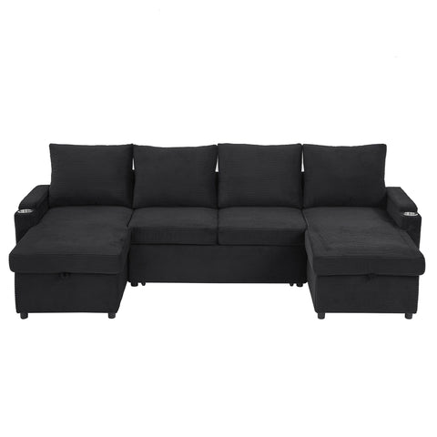 U Shaped Sectional Sofa Bed With Storage Chaise Lounges, USB Ports, And Cup Holders