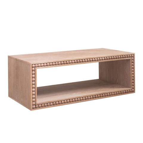 Beaded Edge Coffee Table, Rectangular Center Table With Open Storage Shelf - Antique Natural / Light Natural / Natural