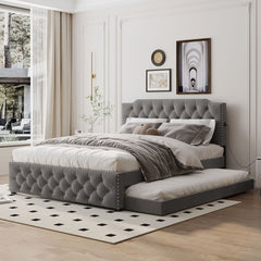 Upholstered Platform Bed With Trundle And 2 Sets Of USB Ports On Each Side, Linen Fabric