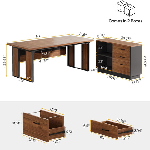 L-Shaped Executive Desk With File Cabinet, Office Computer Desk With Drawers & Open Shelves, Workstation For Home Office - Brown / Black