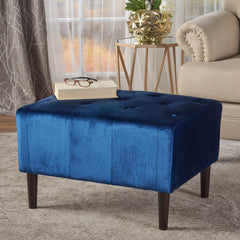 Mid Century Ottoman Velvet With Button Tufting With Birch Wood Legs - Navy Blue