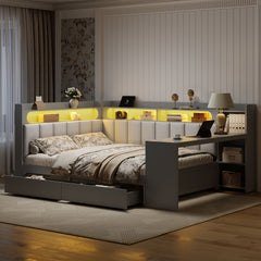 Daybed With Upholstered Headboard, Storage Shelves, Drawers, Charging Station, LED Light, And Adjustable Desk