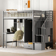 Loft Bed With Bookshelf, Drawers, Desk, And Wardrobe