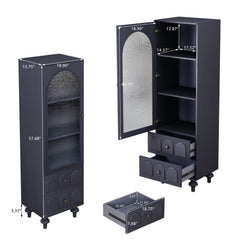 Tall Storage Cabinet With Tempered Glass Door, 2 Drawers And Adjustable Shelf