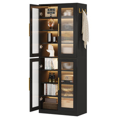 Bookcase With Doors And LED Lighting, 8 Adjustable Shelves Storage Cabinet