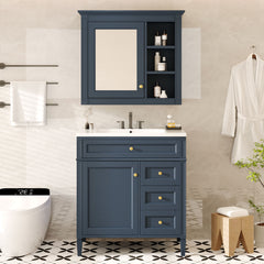 Bathroom Vanity With Top Sink, 2 Doors And 3 Drawers, Freestanding Set With Mirror Cabinet