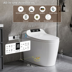 Smart Toilet Bidet Combo With Foot Sensor Open Cover / Seat, Self Cleaning Nozzle, LED Display, Three Level Heated Seat / Airflow, Night Light, Knob Control, Soft Close, Auto Flush, With Remote Control - Gloss White