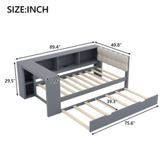 Upholstered Headboard Platform Bed With Storage Shelves, Trundle, Charging Station