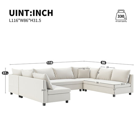 Modular Sectional Reversible U Shaped Couch Set, Free Combination Minimalist Style Oversized 8 Seat Convertible Sofa