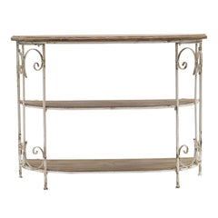 3 Tiered Wooden Shelving Unit With Ornate Iron Frame - Multicolor
