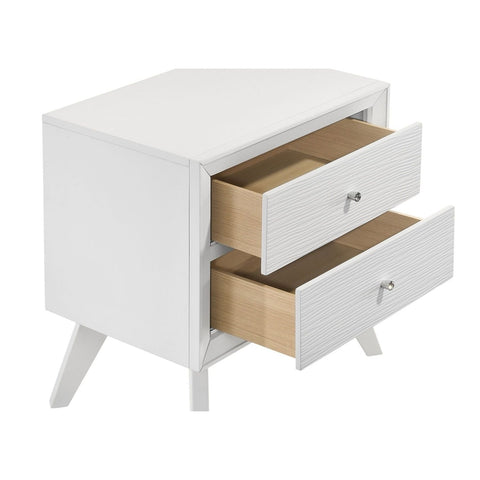Nightstand With Angled Legs, Round Knobs, Wave Texture, 2 Drawer Bedside Table - White
