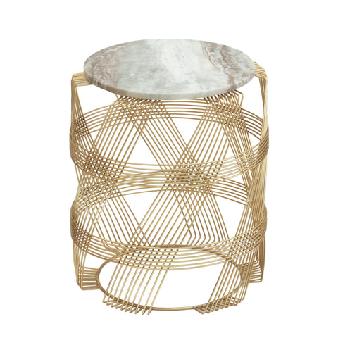Round Table With Marble Top And Metal Base - Gold / Natural