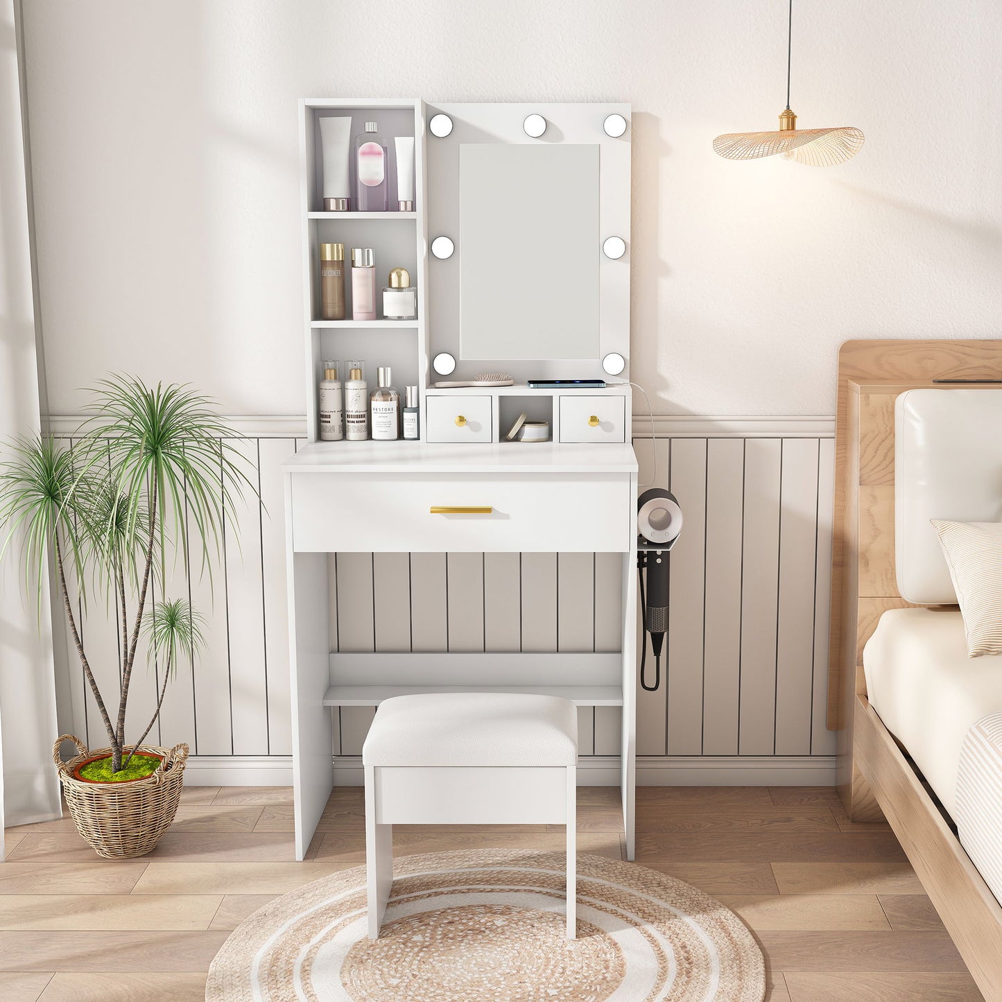 Vanity Table With Mirror, Adjustable LED Lights, Power Outlet, Hairdryer Holder & Stool