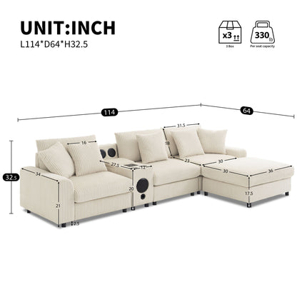 Sectional With tooth Speakers L Shaped Couch With Console USB Charger, Cup Holders Storage Ottoman Deep And Wide Seat Cloud Sofa