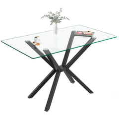 Rectangular Clear Tempered Glass Dining Table, Stylish Design With Plated Metal Legs