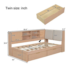 L-Shaped Daybed Corner Bed Under Bed Drawers With Storage Bookcase And Upholstered Headboard And USB Charging Ports
