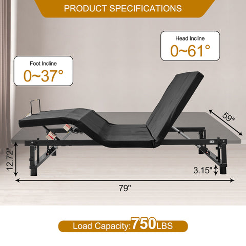 Adjustable Bed Base Frame Queen With Head And Foot Incline Wireless Remote - Antique Black