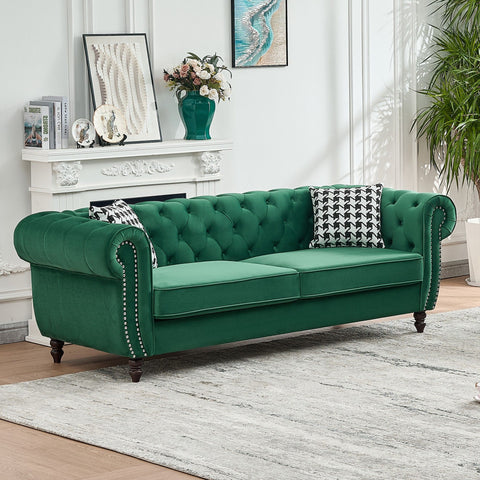 Mid Century Chesterfield Velvet Fabric Sofa With Roll Armrest & Nailhead, Green, 87 Inches