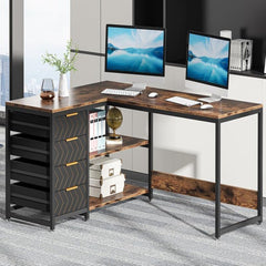 L-Shaped Computer Desk With Drawers And Shelves, Workstation For Home Office