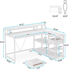 L-Shaped Home Office Desk With Monitor Riser, Drawers, And Storage Shelves