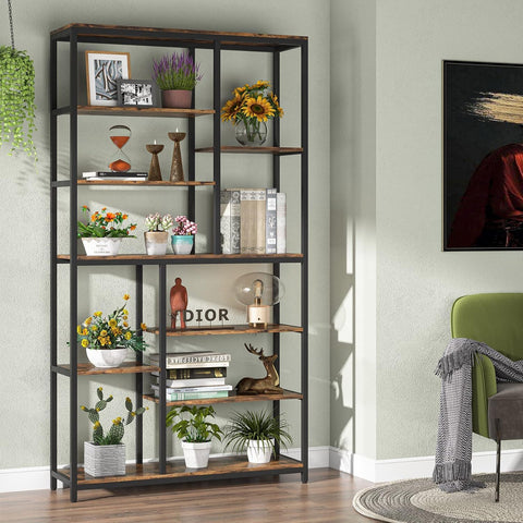 Extra Tall 8 Tier Staggered Etagere Bookcase With 8 Shelves Organizer For Living Room - Rustic Brown