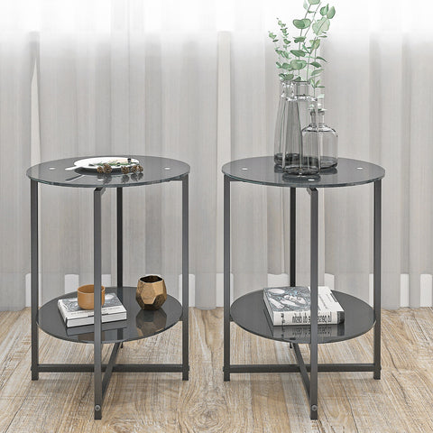 JWS Tempered Glass End Table (Set of 2), Round Coffee Table For Bedroom Living Room Office - Black