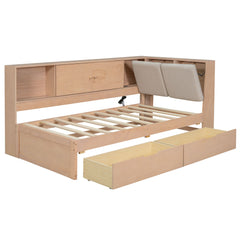 L-Shaped Daybed Corner Bed Under Bed Drawers With Storage Bookcase And Upholstered Headboard And USB Charging Ports