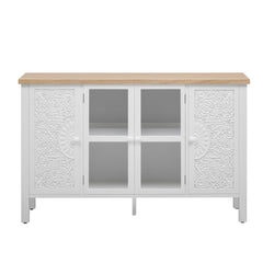 Retro TV Stand With 3 Spacious Cabinets, Glass Cabinet Doors And Anti-Tip Device
