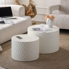 Minimalist Honeycomb Nesting Coffee Table Set, Round Drum Circle Table (Set of 2) - Beige