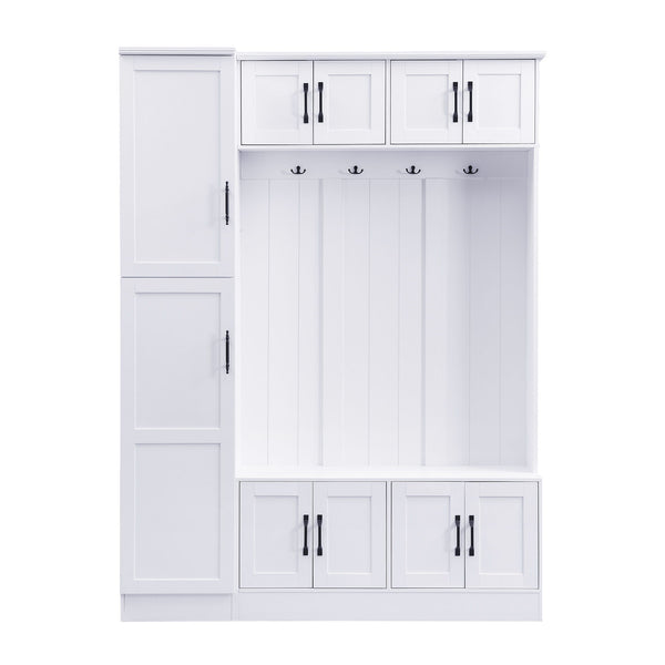 Tall Hall Tree With Shoe Storage, 4 In 1 Entryway Bench With 6 Cabinets, 4 Coat Hooks & Adjustable Shelf For Hallway - White