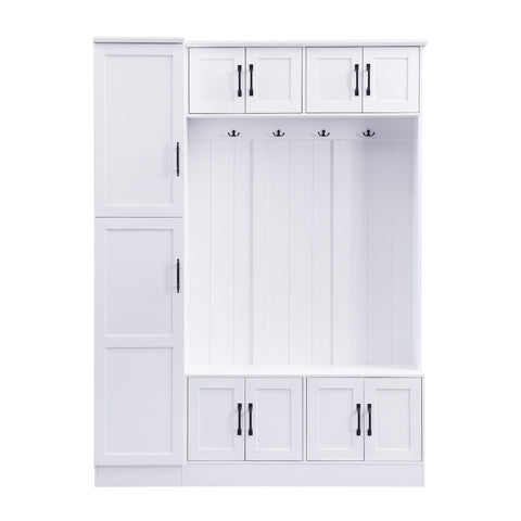 Tall Hall Tree With Shoe Storage, 4 In 1 Entryway Bench With 6 Cabinets, 4 Coat Hooks & Adjustable Shelf For Hallway - White