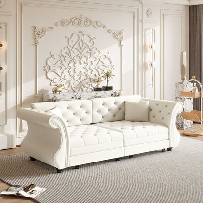 Oversized Chesterfield Pull Out Sofa Bed, Roll Arm Couch With Flower Tufting For Living Room