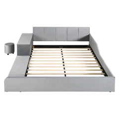 Upholstered Grounded Bed, With Bedside Desk And Little Round Stool