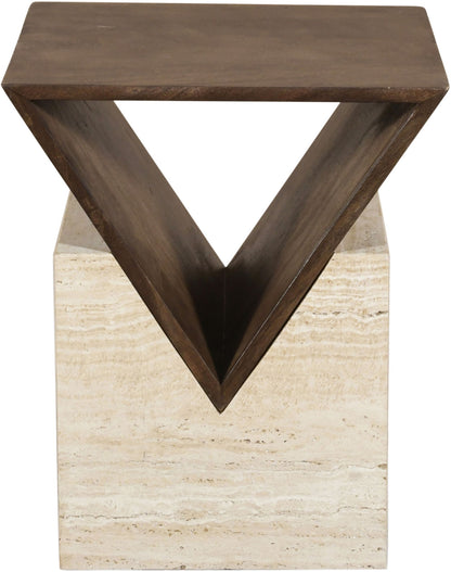 Opus - Travertine And Mango Wood End Table - Brown / Beige