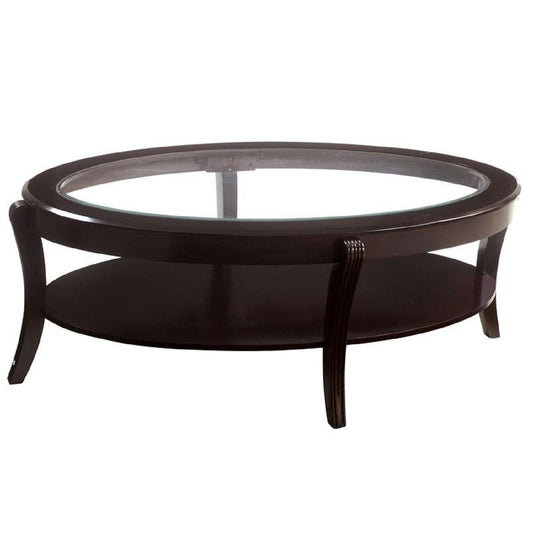 Oval Coffee Table With Beveled Glass Top And Open Lower Shelf - Espresso