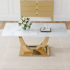 Modern Simple Rectangular Dining Table With Patterned Top And Smooth Legs For Kitchen Dining Room Or Living Room - Golden / White