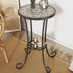 Ceramic Tile And Iron Patio Side Table With Shelf