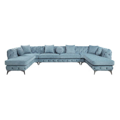 Zerah - Sectional Sofa With 7 Pillows - Dusty Blue Fabric