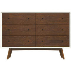 Mid-Century Modern White Dresser 6 Drawer - Dark Brown / White