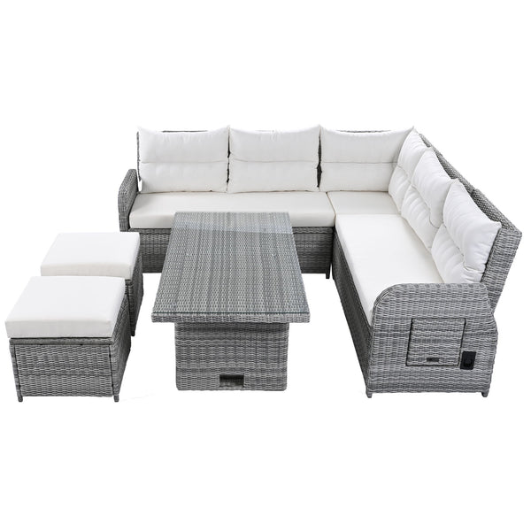 Outdoor Furniture Set Patio Rattan Furniture Set With Adjustable Table, Recliners With Extendable Side Tables And 2 Ottomans