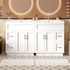 Bathroom Vanity With 4 Cabinet Doors, 4 Drawers, Dual Sinks, Hidden Soft Close Slides And Hinges - White