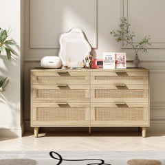 Rattan Dresser With 6 Drawers, Wooden Legs & Metal Handle