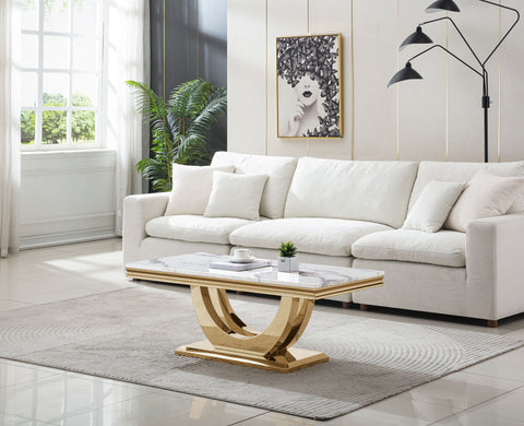 Printed Marble Top Coffee Table, Mirror Finish Stainless Steel Base