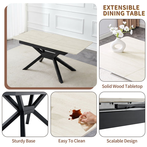 Rectangular Extendable Dining Table With Geometric X Frame, Kitchen Table For Dining Room - Beige